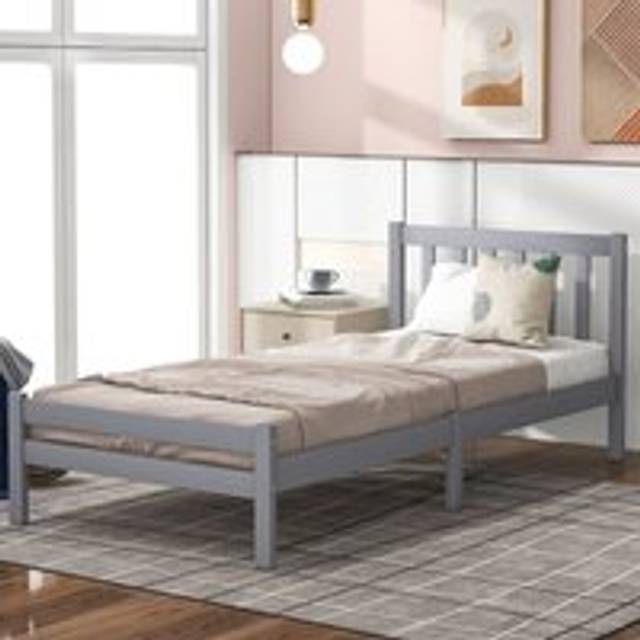 Wooden Single Bed Frame 3ft with Headboard for Adults, Kids, Teenagers, 90 x 190 cm Grey