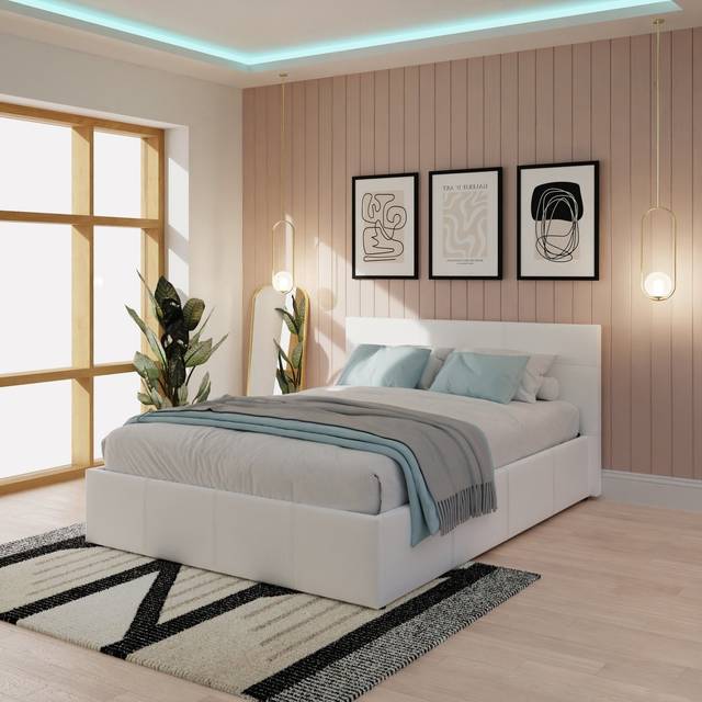 GFW King Size White Faux Leather End Lift Ottoman Bed with Bonnell Mattress