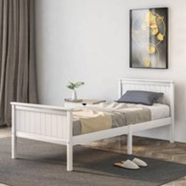 Wooden Bed Frame with Headboard and Footboard, Pine Wood Bed for Kids Bedroom, Ivory, Single Bed