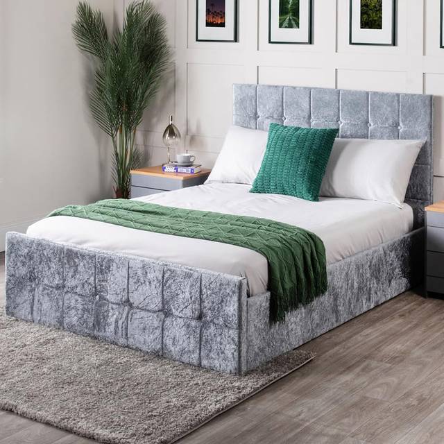 Home Treats Single Grey Crushed Velvet Ottoman Storage Bed with Mattress - Silver