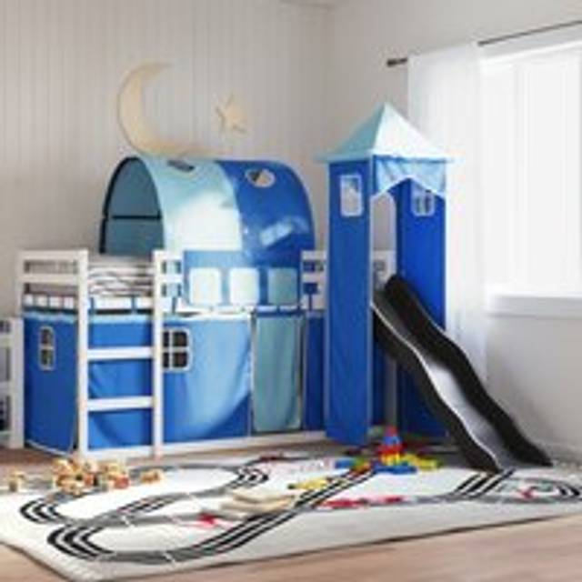 Bunk Bed without Mattress with Slide and Curtains Blue 90x190 cm Single - One Size