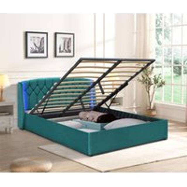 Fabric Gaslift Bedframe With LED Headboard Feature - Green - Single