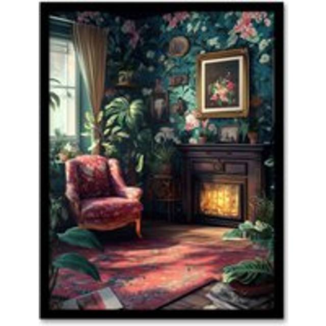 Plant Lover Cozy Fireplace Floral Tapestry Framed Art Print - Multi - W12 inch x H16 inch