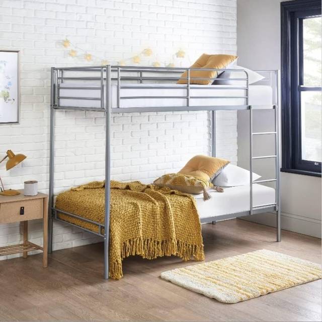 Home Treats Metal Bunk Bed Single With 2 Mattresses Twin Sleeper Double Bunk Bed, Silver