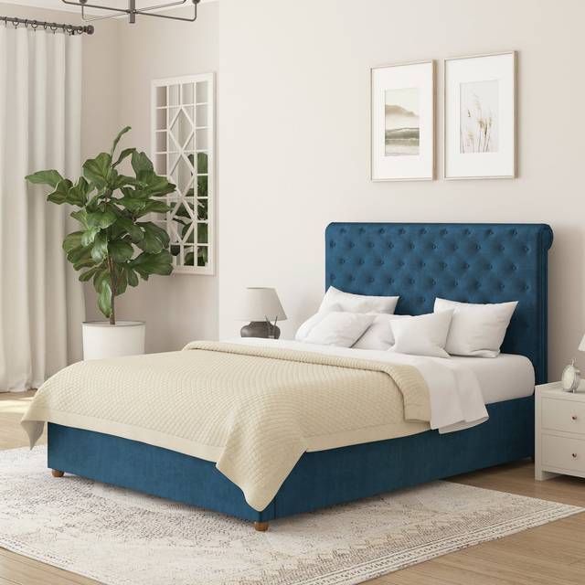 Aspire Taylor Ottoman Storage Bed Frame in Plush Velvet Fabric in Navy | Size: King