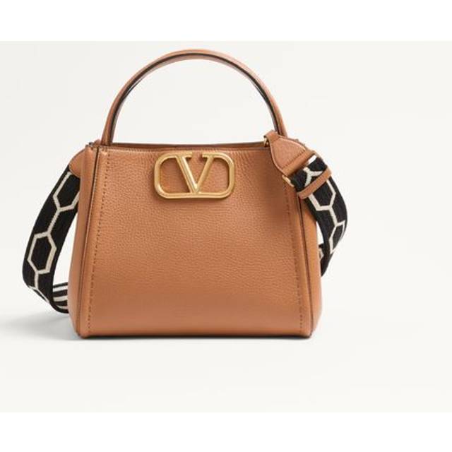 Valentino Garavani Valentino Garavani Alltime Medium Handbag In Grainy Calfskin With Jacquard Ribbon Shoulder Strap Woman ALMOND/BLACK/WHITE UNI