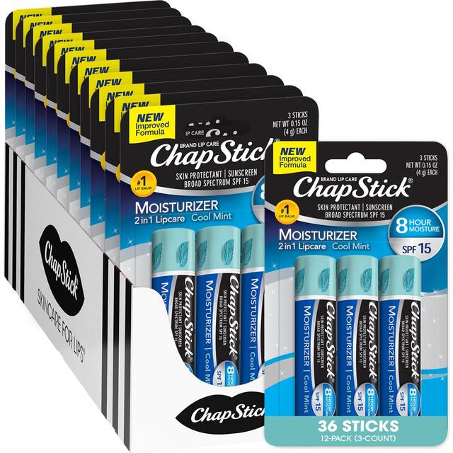 ChapStick Lip Moisturizer Cool Mint 2in1 Lipcare SPF 15 3Packs 12 Sets36 Tubes  Bulk Lip Balm New Improved Formula 015 Oz Ea