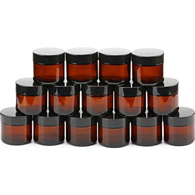 Encheng 15 Pack of 2 oz Amber Round Glass Jars with Inner Liners and black Lids Empty Cosmetic Containers Cream jars