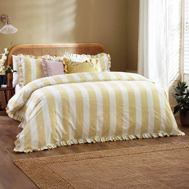 Wylder Nature Birdie King Size Butter Yellow Stripe Ruffle Duvet Set