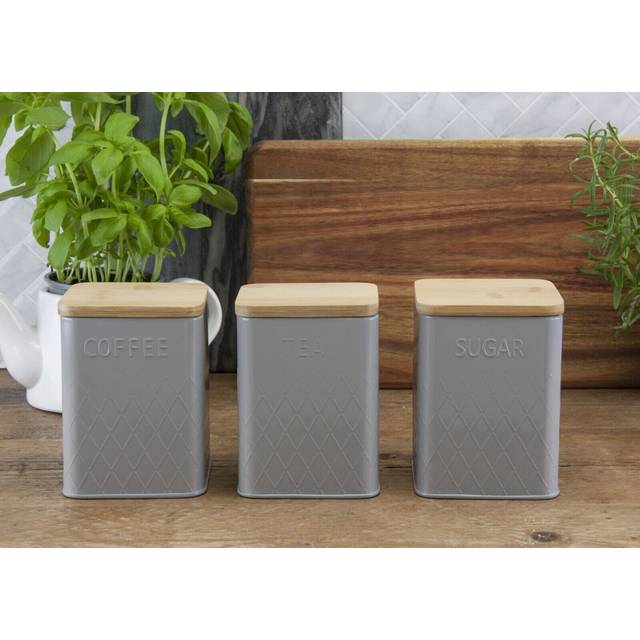 Canister Set of 3 Square Bamboo Lids Grey Airtight Metal Base Kitchen Storage