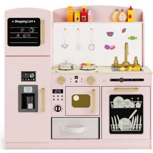 Kids Wooden Kitchen Playset Pretend Play with Chalkboard and Ice Maker-Pink