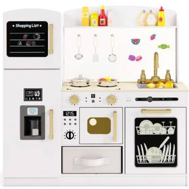Kids Wooden Kitchen Playset Pretend Play with Chalkboard and Ice Maker-White