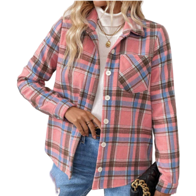 Lishly Women&#39;s Autumn/Winter Long Sleeve Casual Plaid Thermal Lining Pocket Shirt, Long Sleeve Tops