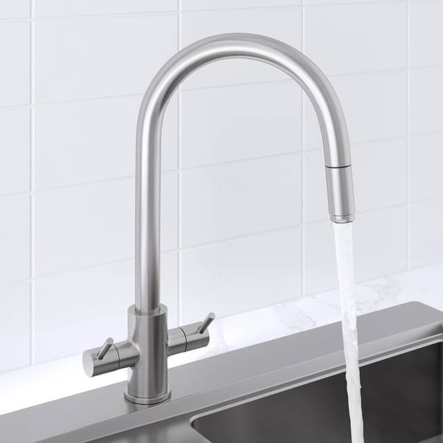 Sauber Thun Pull Out Kitchen Tap - Dual Lever Brushed Nickel