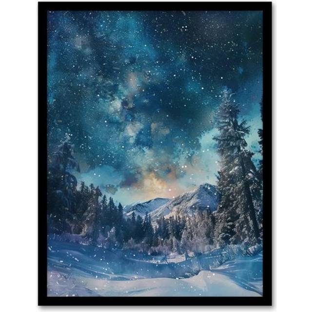 Night Snow Tranquil Forest Winter Landscape Stars Framed Art Print - Blue - W12 inch x H16 inch