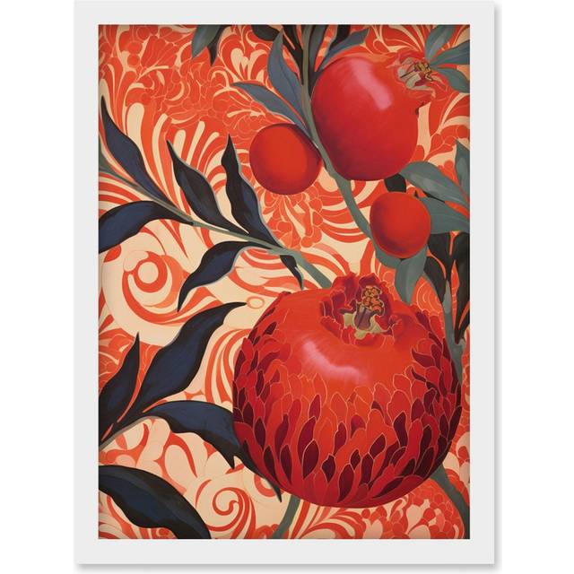 Wall Art Print Pomegranate Tree Grove Red and Blue Artwork Floral Patterns Artwork Framed A4 - White - A4