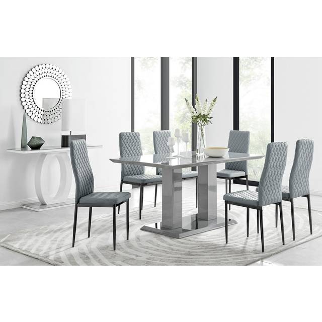 Edzard Double Pedestal High Gloss Dining Table Set with 6 Luxury Faux Leather Dining Chairs - Black (6)