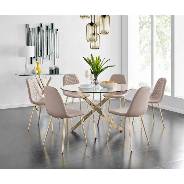 Tierra Modern Chrome Metal & Glass Round Dining Table Set with 6 Luxury Faux Leather Chairs - Cappuccino Beige (6)