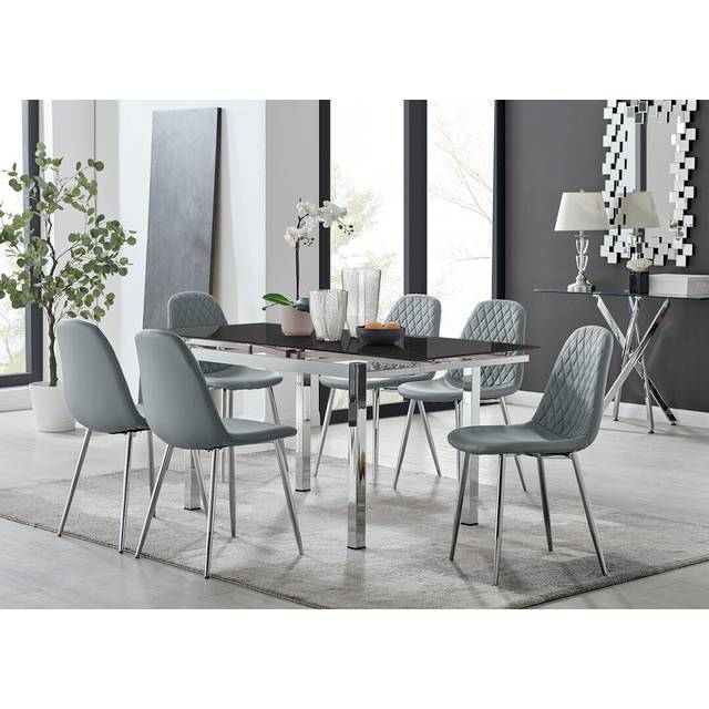 Tierra Modern Glass & Metal Extendable Dining Table Set & 6 Luxury Dining Chairs - Silver (6)