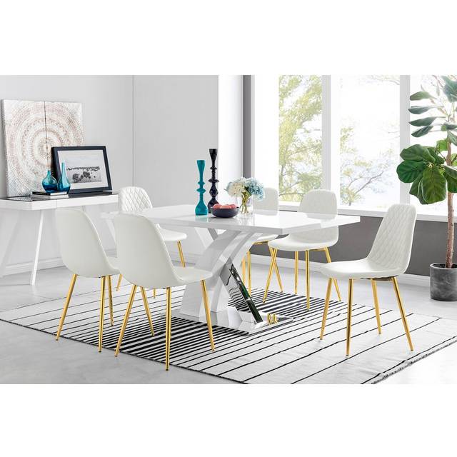 Marietta Chrome Metal and White High Gloss Dining Table Set - 6 Luxury Faux Leather Dining Chairs - Gold (6)