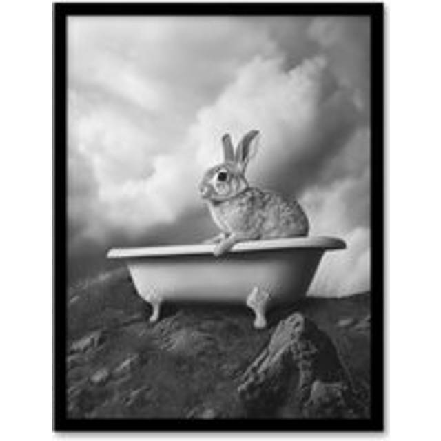Surreal Bunny Rabbit Hare in Bathtub Black White Framed Art Print - Grey - W12 inch x H16 inch