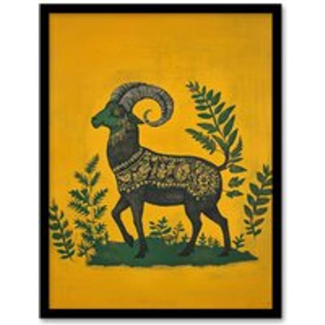 Decorated Goat Spirit Yellow Green Folk Art Framed Art Print - W12 inch x H16 inch