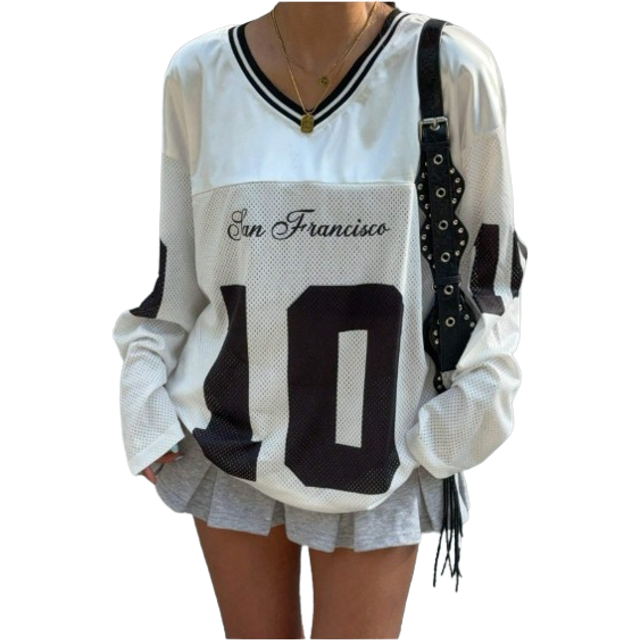 Muchica Women&#39;s New V-Neck Casual Sports Letter & Graphic Splice Oversized Loose Long Sleeve T-Shirt, White