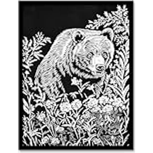 Bear in Wildflower Meadow Black White Floral Framed Art Print - W12 inch x H16 inch