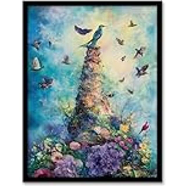 Eden Ornamental Birds Flowers Colourful Abstract Framed Art Print - Blue - W12 inch x H16 inch