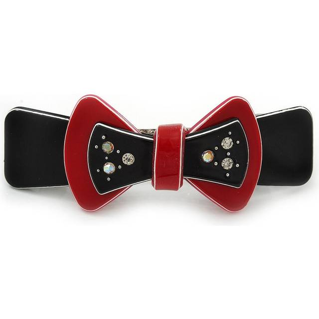 Black/Red Acrylic Crystal Bow Barrette Hair Clip Grip - 80mm Across