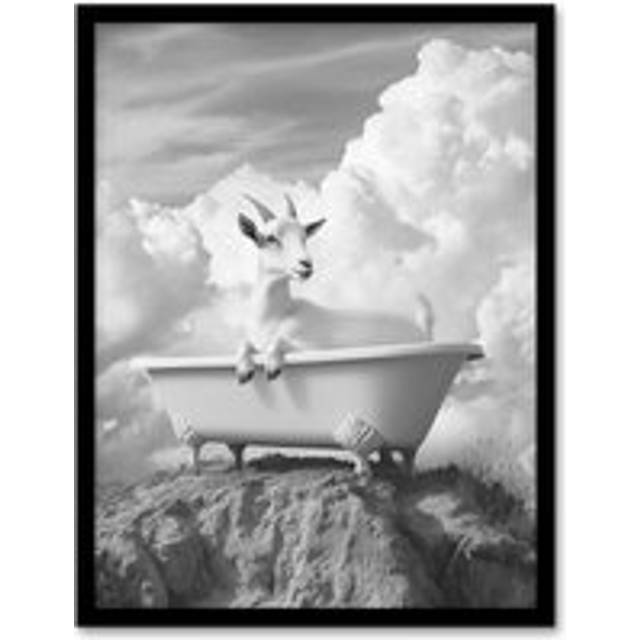Goat in a Bathtub on a Hill Black White Surreal Framed Art Print - Grey - W12 inch x H16 inch