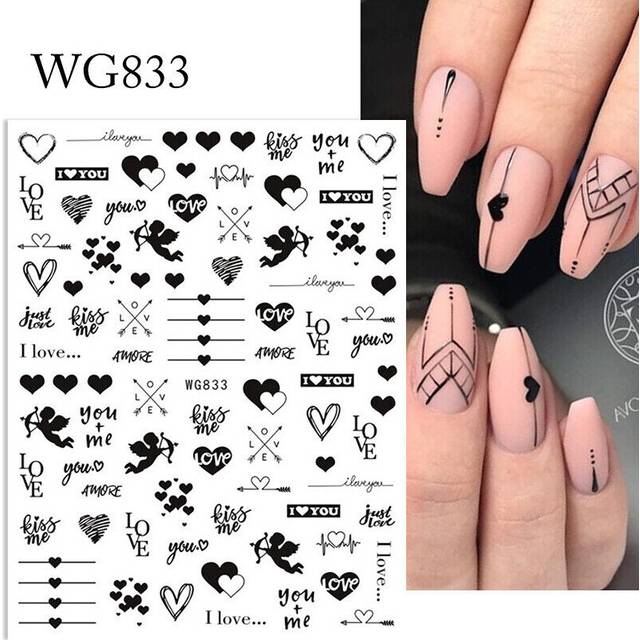 Valentines Day 3D Nail Stickers Love Heart Black White Letters Design Decoration