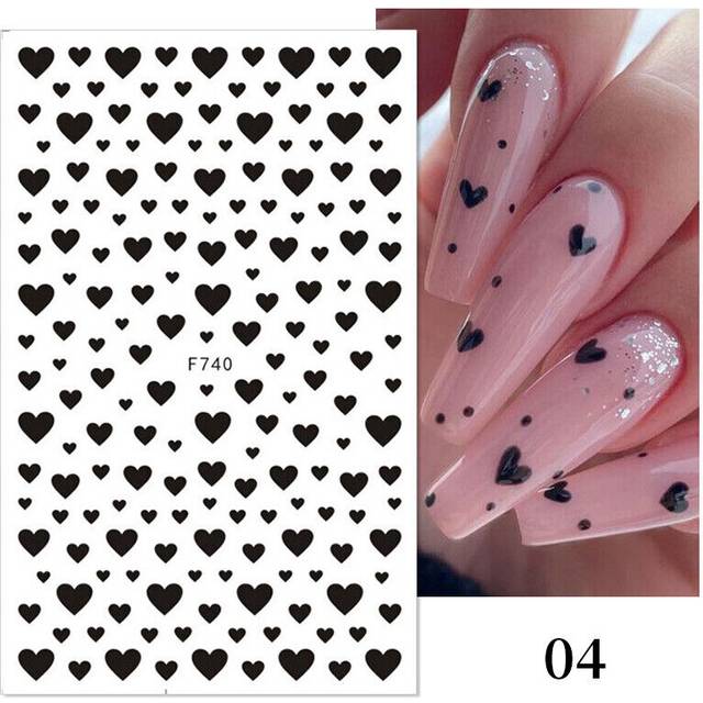 Valentines Day 3D Nail Stickers Love Heart Black White Letters Design Decoration