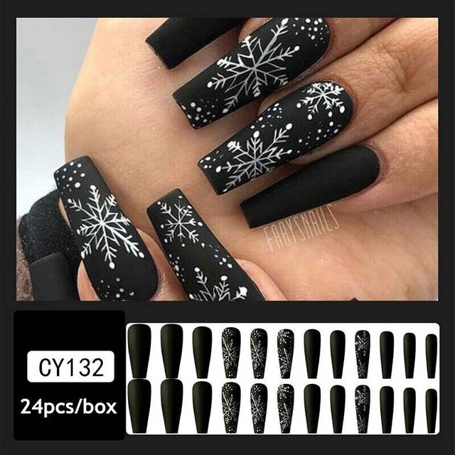 24PCs False Fake Nails Long/Medium French Christmas Full Nail Art Gel Acrylic UK