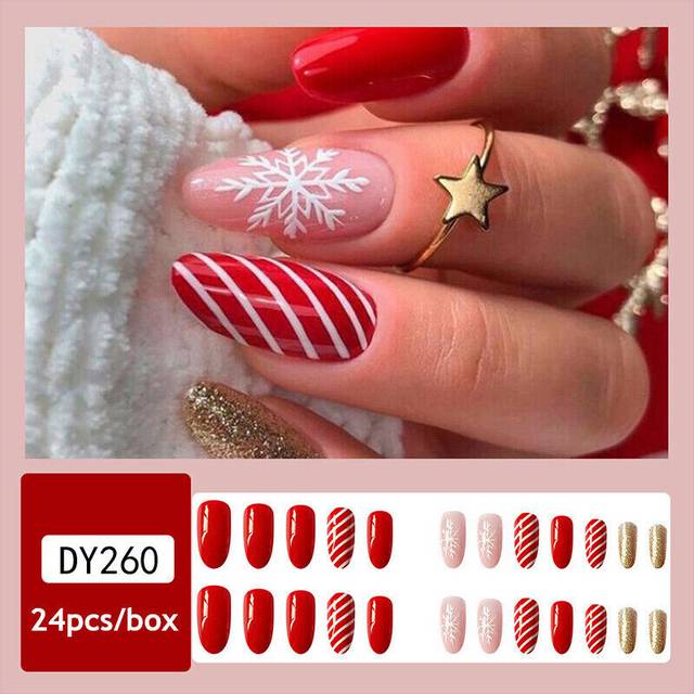 24PCs False Fake Nails Long/Medium French Christmas Full Nail Art Gel Acrylic UK
