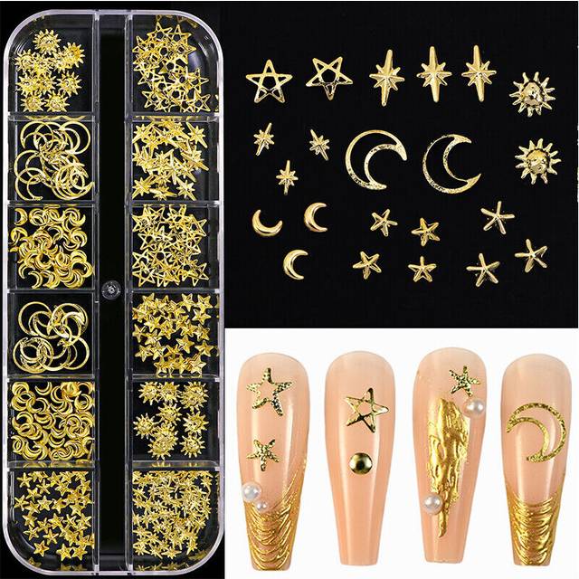 12Grids Metallic Nails Gold Moon Star Nail Sequins Charms 3D Nail Art rhinestone