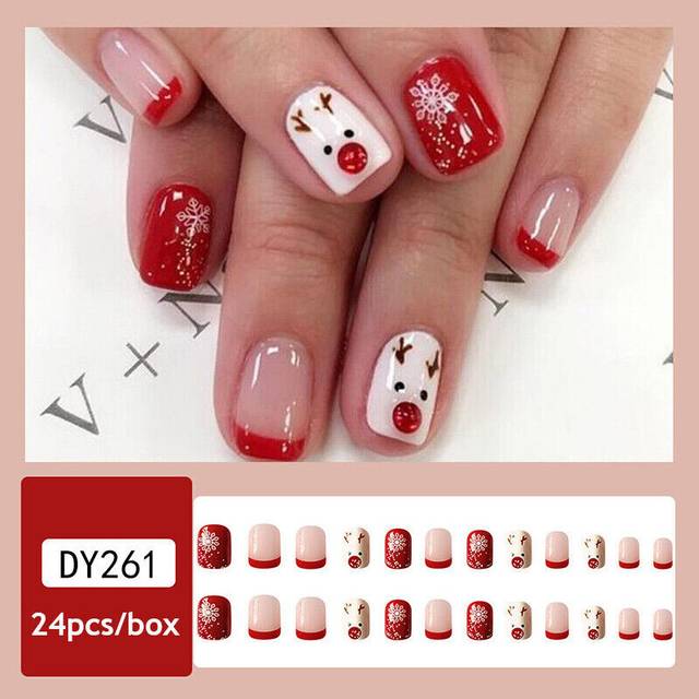 24PCs False Fake Nails Long/Medium French Christmas Full Nail Art Gel Acrylic UK
