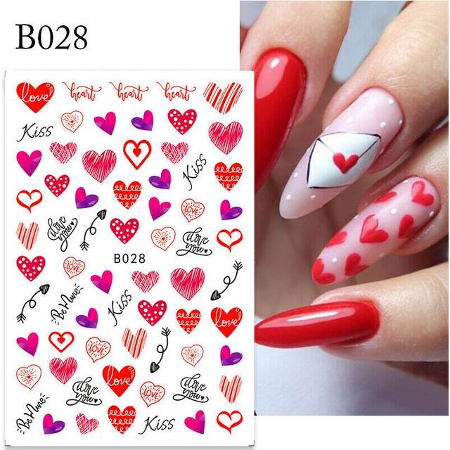 Valentines Day 3D Nail Stickers Love Heart Black White Letters Design Decoration