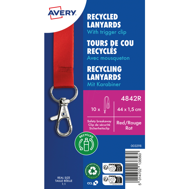 Avery Recycled Lanyard Red with Trigger Clip Pack of 10