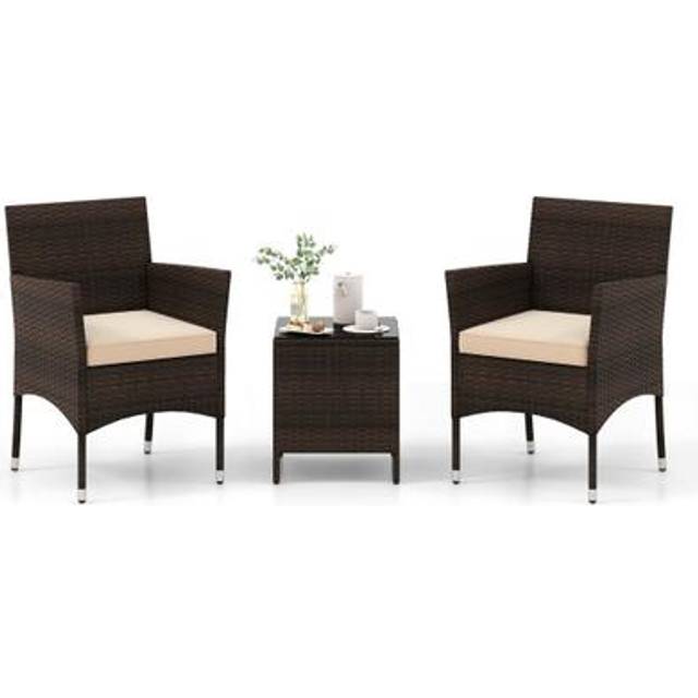COSTWAY 3 Pieces Patio Rattan Furniture Set with Soft Cushions and Glass Top Table-Beige, Cream