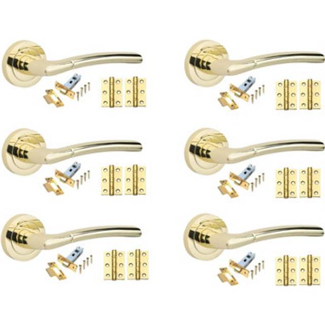Golden Grace 6 Sets Indiana Design Door Handles in Polished Brass Finish with Tubular Latch and 1 Pair of 3" Ball Bearing Hinges (19.5cm W)