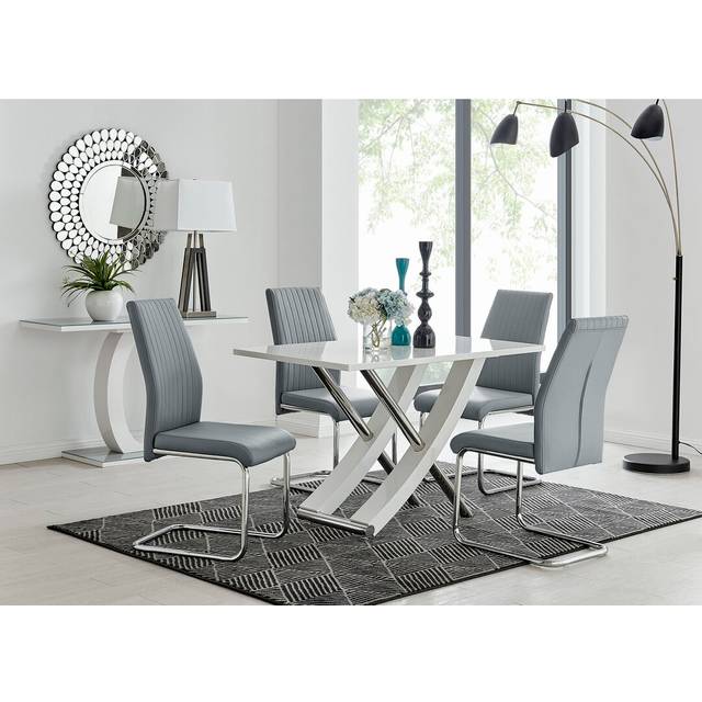 Alicia Modern Glass & Wood Finish Dining Table Set with 4 Upholstered Faux Leather Dining Chairs - Grey (4)