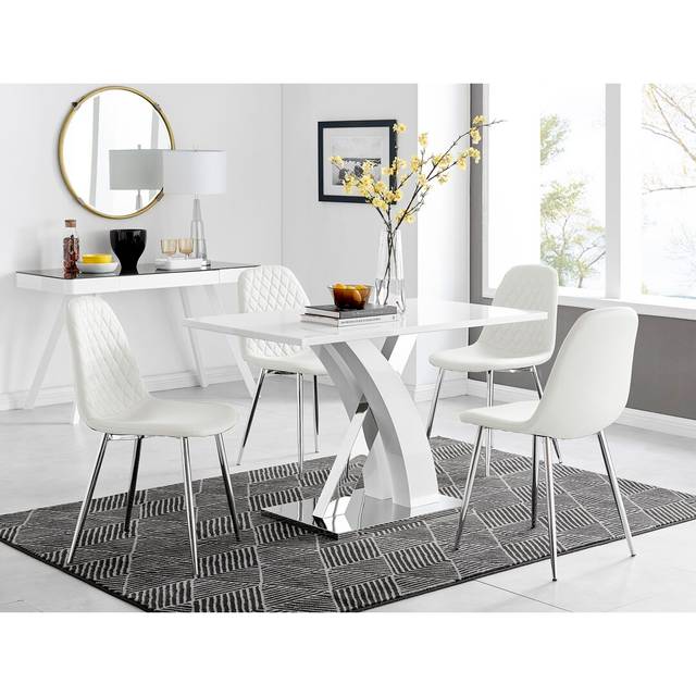 Marietta Chrome Metal and White High Gloss Dining Table Set - 4 Luxury Faux Leather Dining Chairs (4)