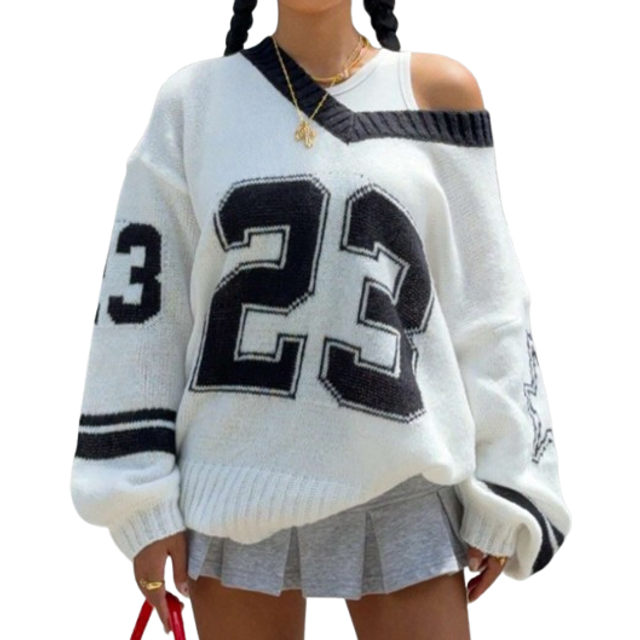 Muchica Valentine Day V-Neck Black & White Heart Print Pullover Sweater, Minimalist Fashion Casual Everyday Wear For Women