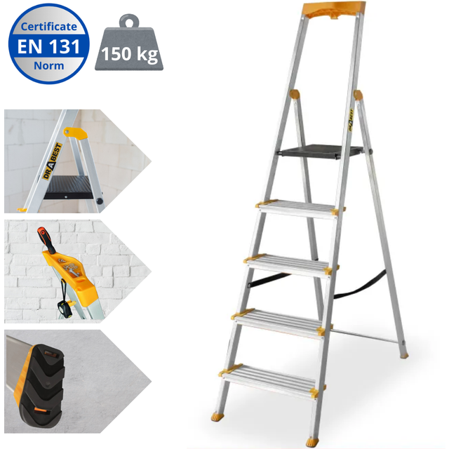 Drabest 5-Step Single-Sided Aluminum Ladder - Wide Steps & Tool Shelf - One Size