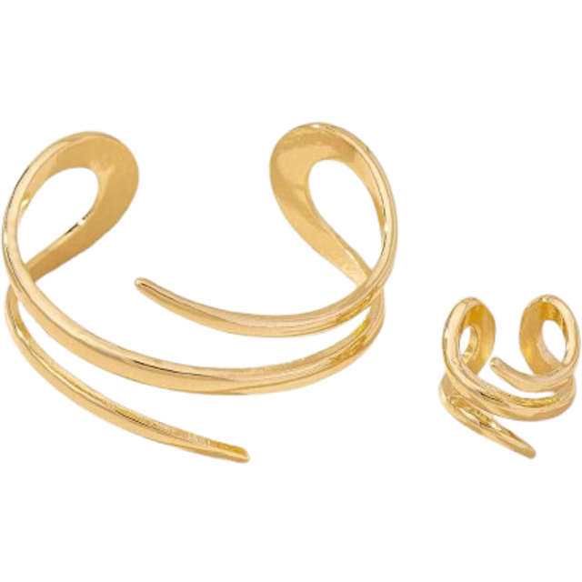SHEIN 1set (1 Geometric Line Gold Bracelet And 1 Geometric Line Thick Ring) European And American Style Vintage Fashionable Gold Geometric Line Bracelet And