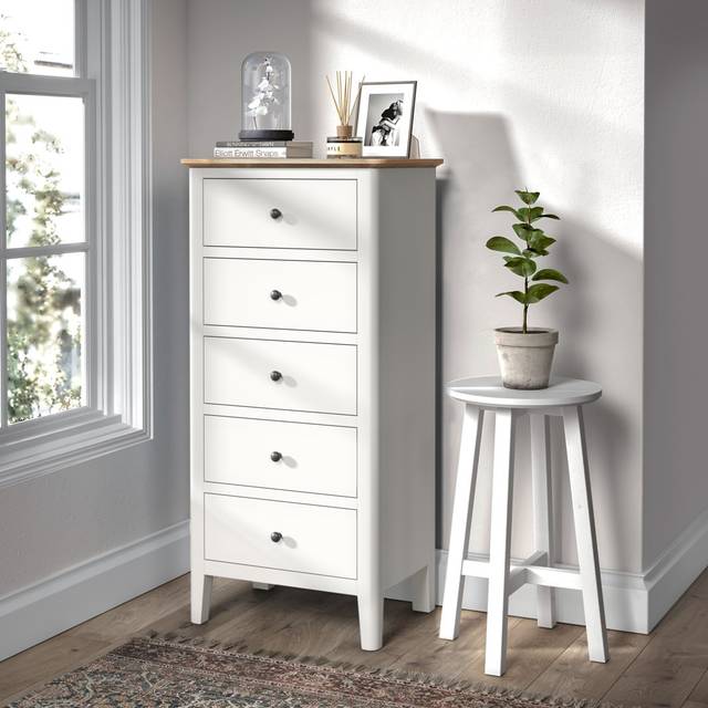 Maelle 5 Drawer Tallboy Chest - Ivory (110cm H X 53cm W X 37cm D)