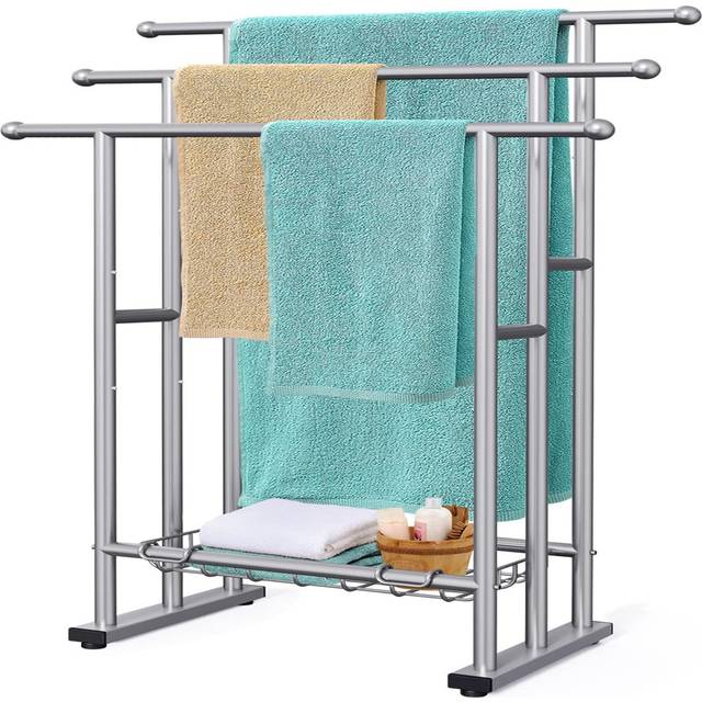 Freestanding Towel Racks For Bathroom, 3 Tier Floor Towel Rack With Storage Basket, Blanket Ladder Drying And Display Rack For Large Bath Towel & Hand - Stainless Steel (101cm H X 67cm L X 32cm D)