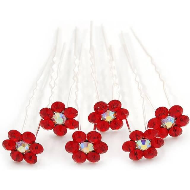 Bridal/Wedding/Prom/Party Set Of 6 Red Austrian Crystal Daisy Flower Hair Pins In Silver Tone