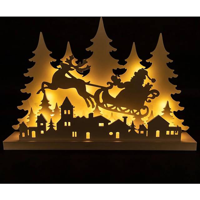 (Flying Santa Sleigh 60Cm) Wooden Pre Lit Christmas Nativity Scene Table Decoration Battery Operated